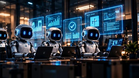 Illustration: friendly blue-eyed AI agents carrying on with authorised work