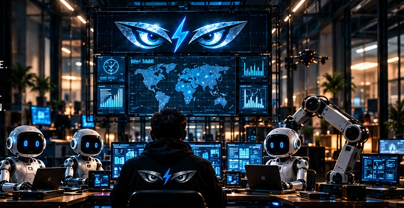 Concept illustration: human operator and good AI agents working together at computers