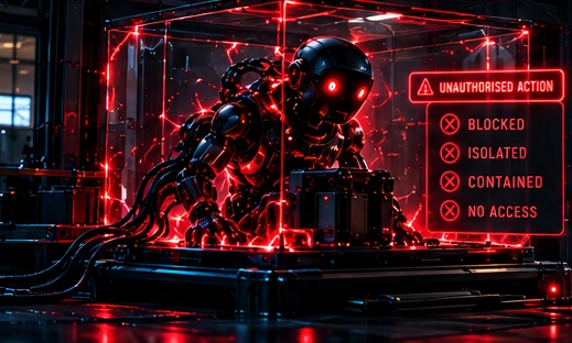 Illustration: a red-eyed rogue AI agent denied access by a red digital containment barrier